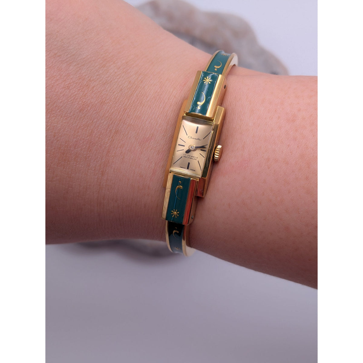 Vintage Chandler MANUAL Gold Tone Bangle Watch Green Enamel & Gold Floral Accent
