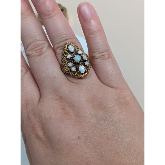 Vintage 14k Yellow Gold Brutalist Cocktail Ring with Opals Size 6.5