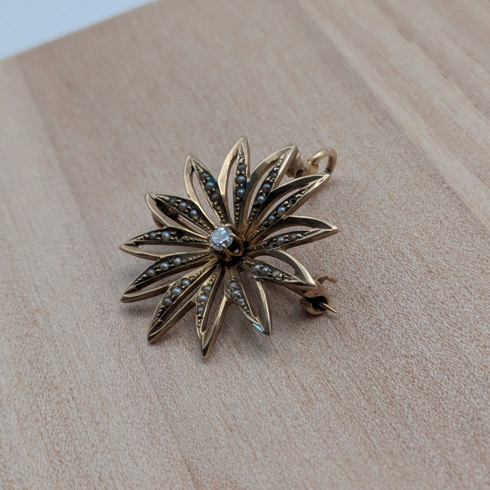 FLAW Vintage 10k Yellow Gold Seed Pearl Diamond Star Brooch Pendant