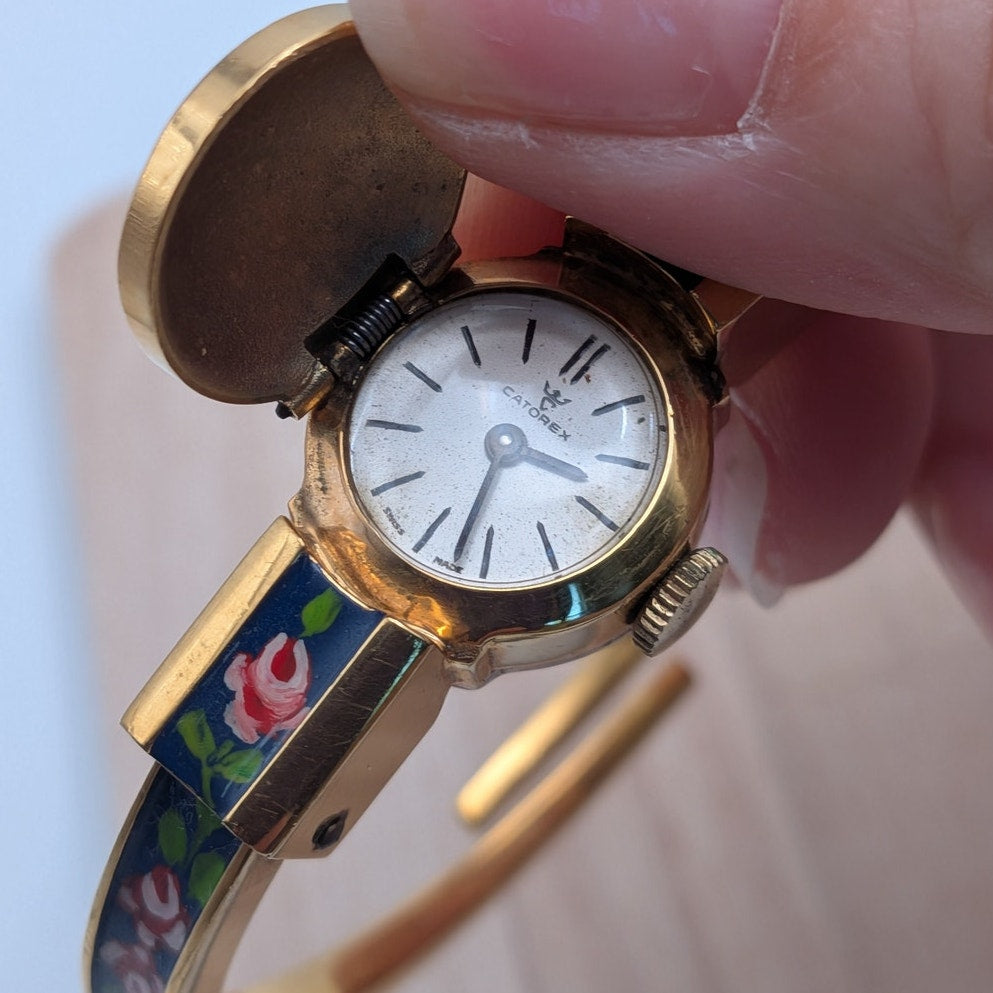 Vintage Catorex Gold Tone Peekaboo Manual Watch Blue Enamel Red Flowers