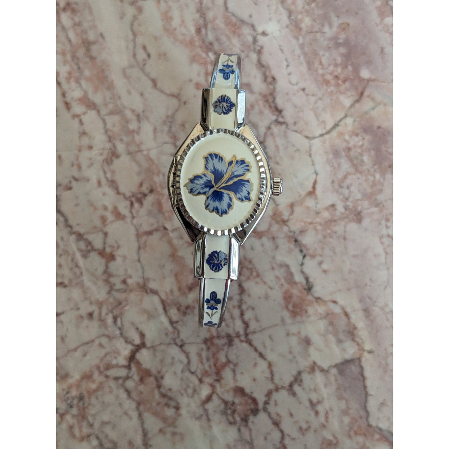 Vintage Andre Mouche Silver Tone Bangle Watch White Enamel Blue Flowers