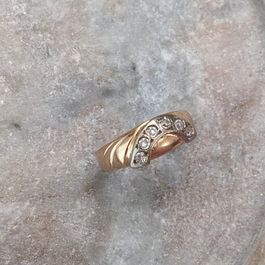 Vintage 1990s 14k Gold Half Circle White Stone Accents Ring Size 6.75