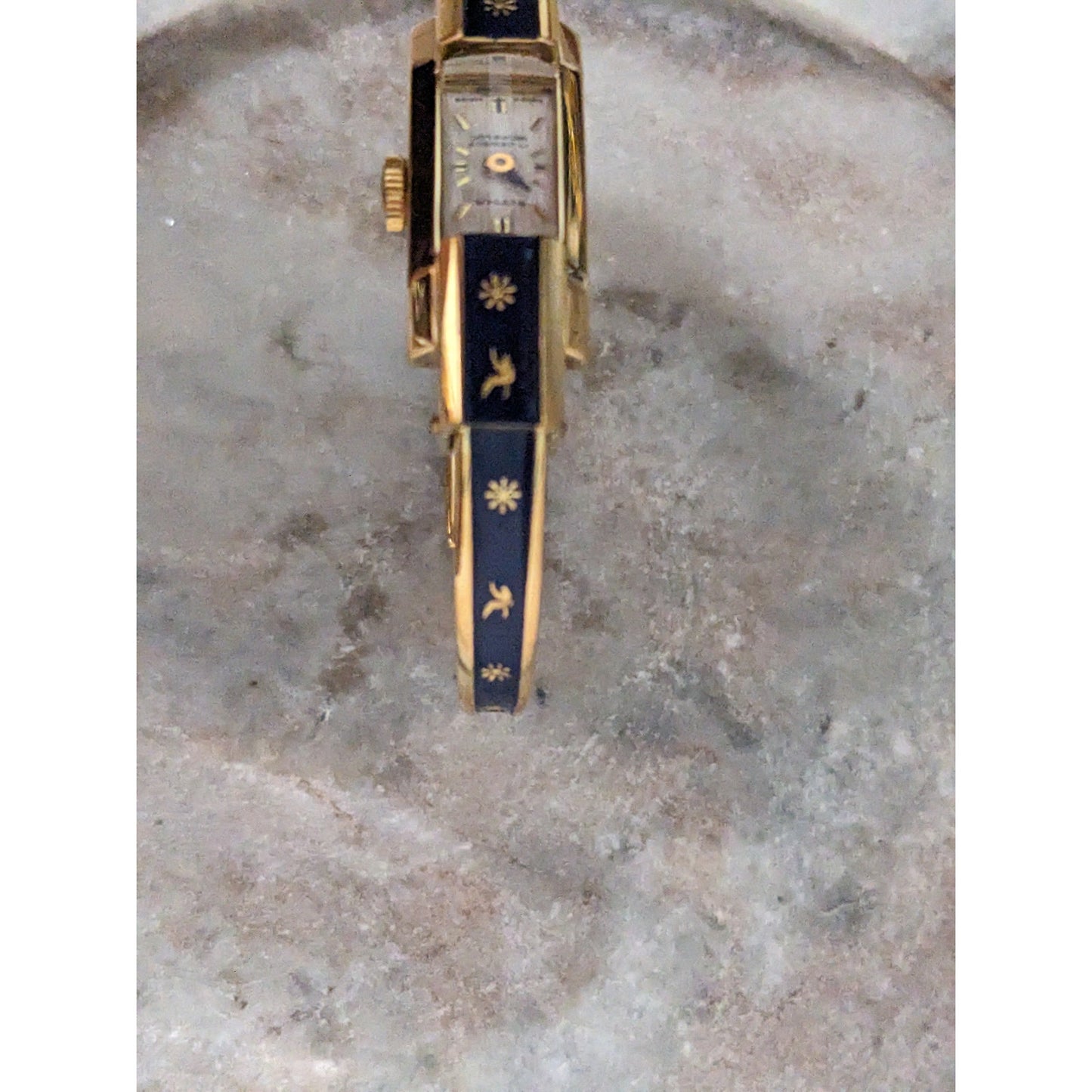 Vintage Andre Mouche Silver Tone Bangle Watch with Blue Floral Enamel Working