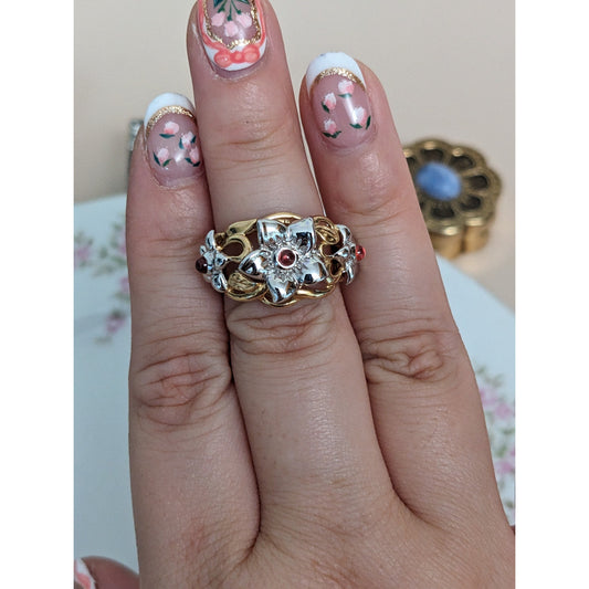 Estate 14k Yellow and White Gold Flower Ring with Pink Gems Size 5 US