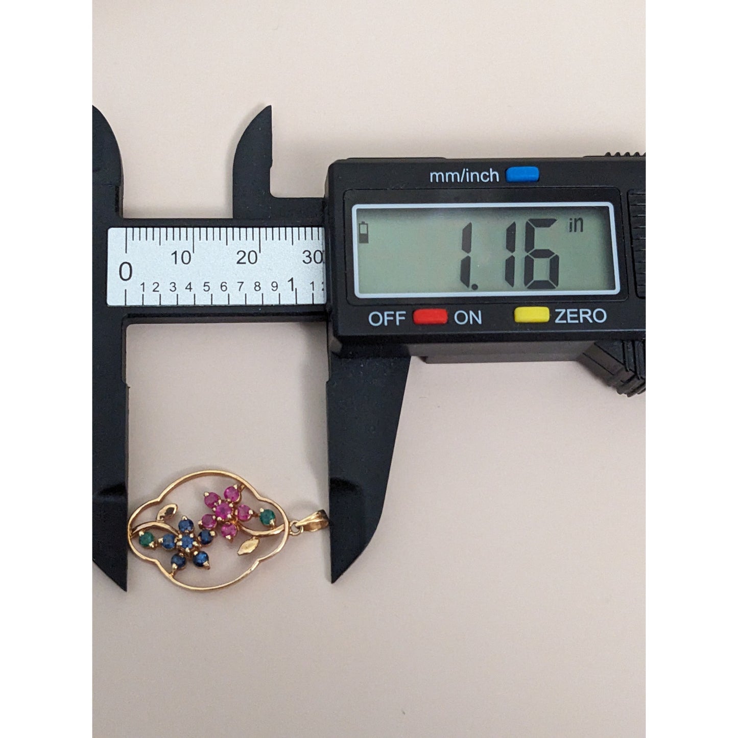 Estate 14k Yellow Gold Pink and Blue Gem Flowers Pendant