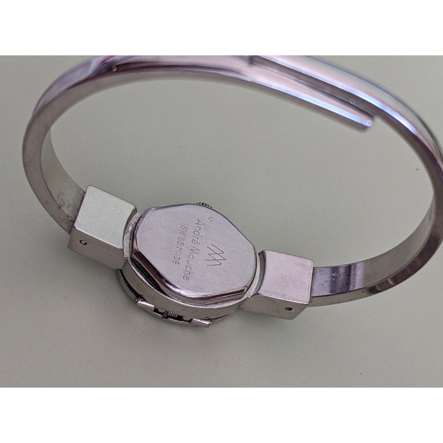 Vintage Andre Mouche Silver Tone Bangle Peekaboo Watch, Silver Enamel