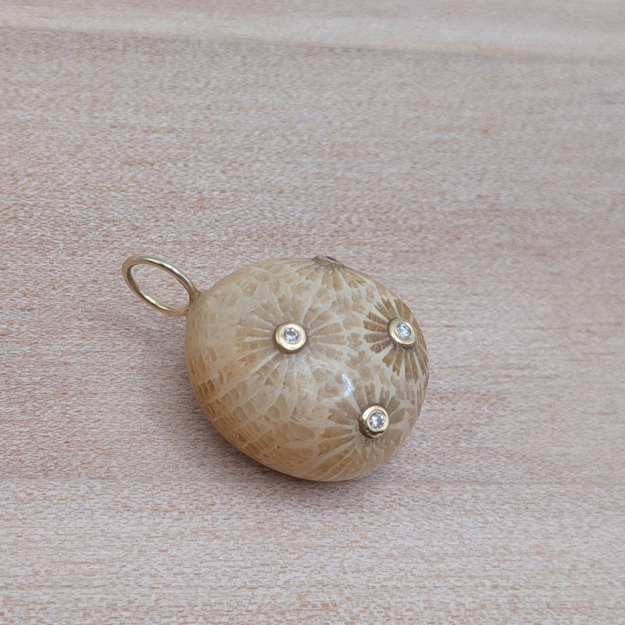 Carved Fossil Coral Pendant in Solid 14K Gold with Natural Diamonds Pendant