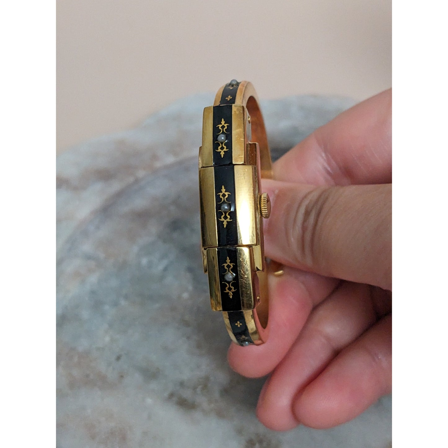 Vintage Andre Mouche Silver Tone Bangle Watch with Blue Floral Enamel Working