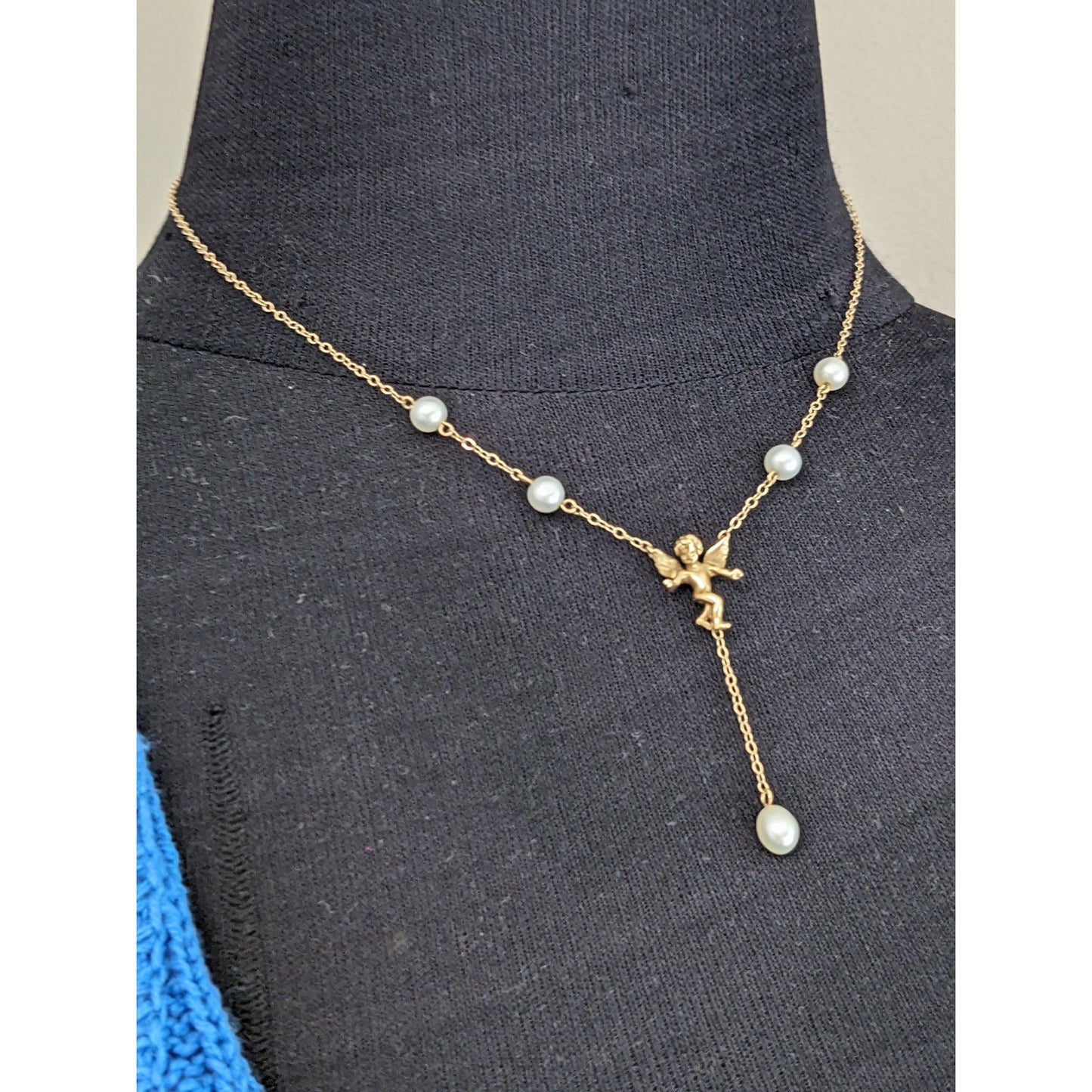 Vintage 14k Dainty Pearl and Chain Necklace with Dangling Cherub Angel 16.5in