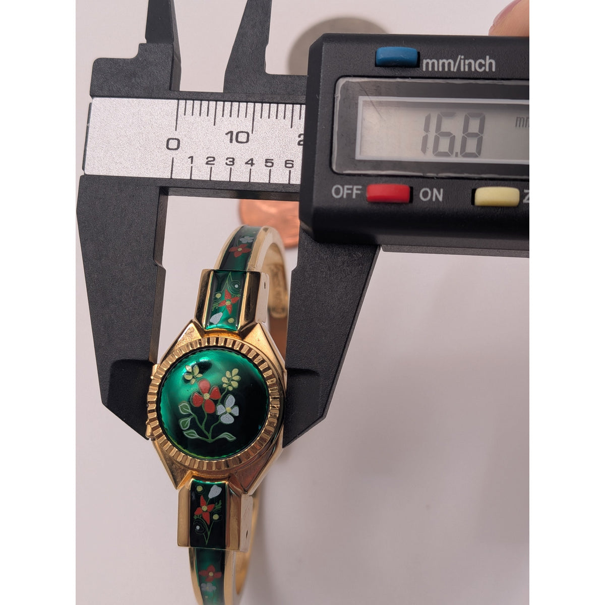 Vintage R Miller Gold Tone Peekaboo Watch Green Enamel Red and Blue Flowers