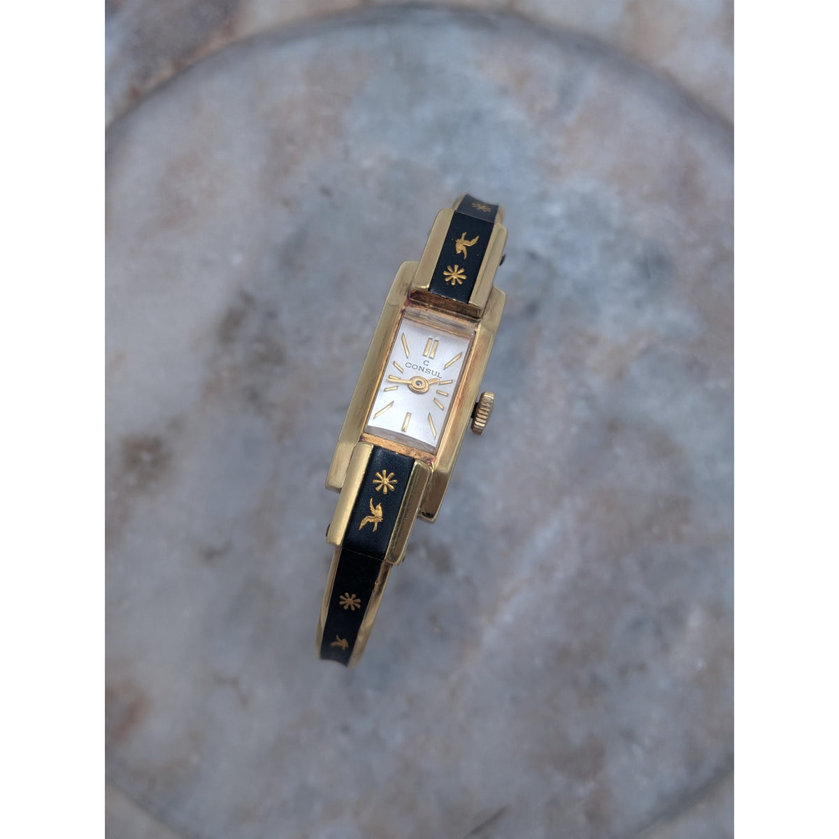 Vintage Consul Gold Tone Watch Matte Black Enamel Bird and Flower Accents