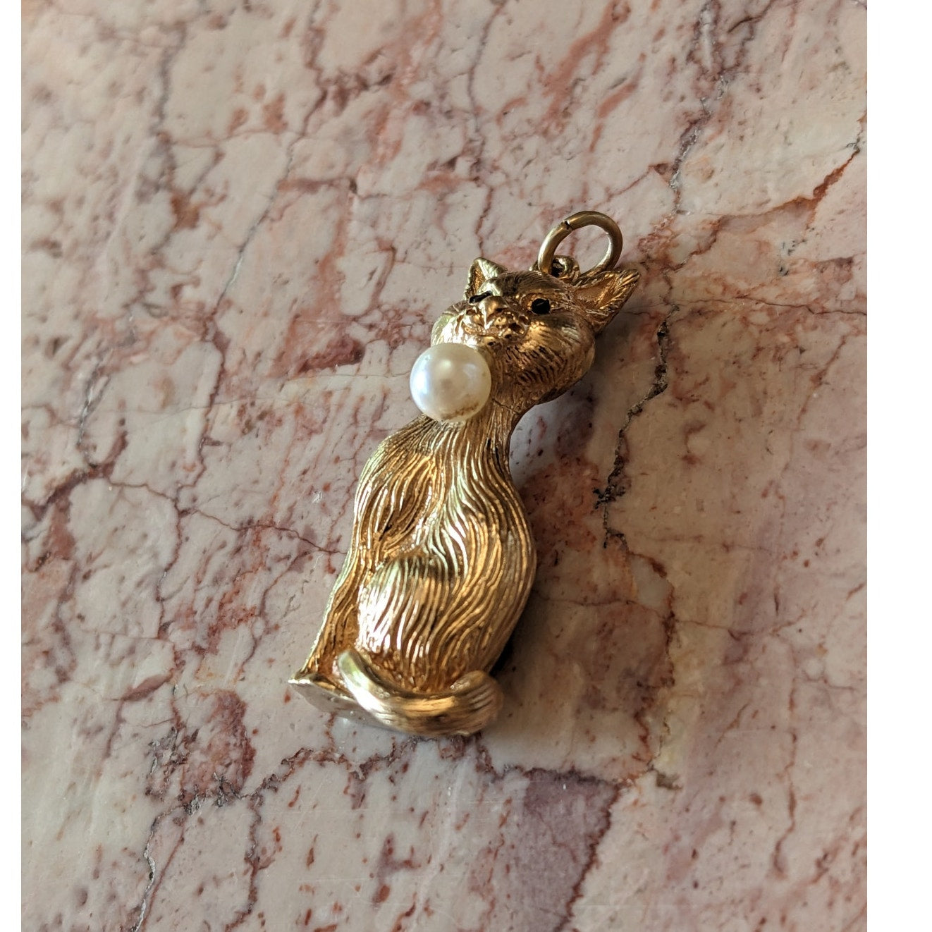 Vintage 14k Yellow Gold Heavy Sitting Cat Red Eyes Faux Pearl Charm Pendant