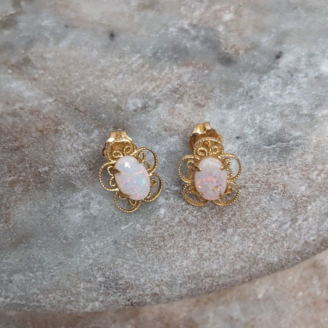 Vintage 14k Yellow Gold Dainty Flower with Opal Center Stud Earrings