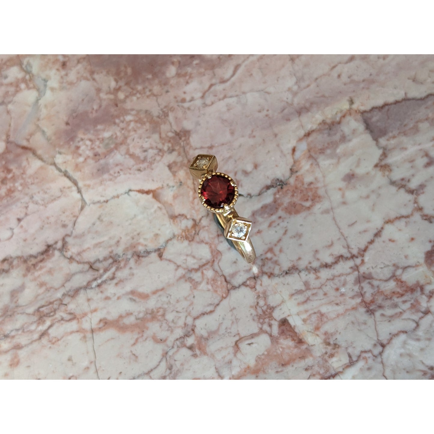 Estate 14k Yellow Gold Red Garnet White Zircon Accent Stone Ring Size 7