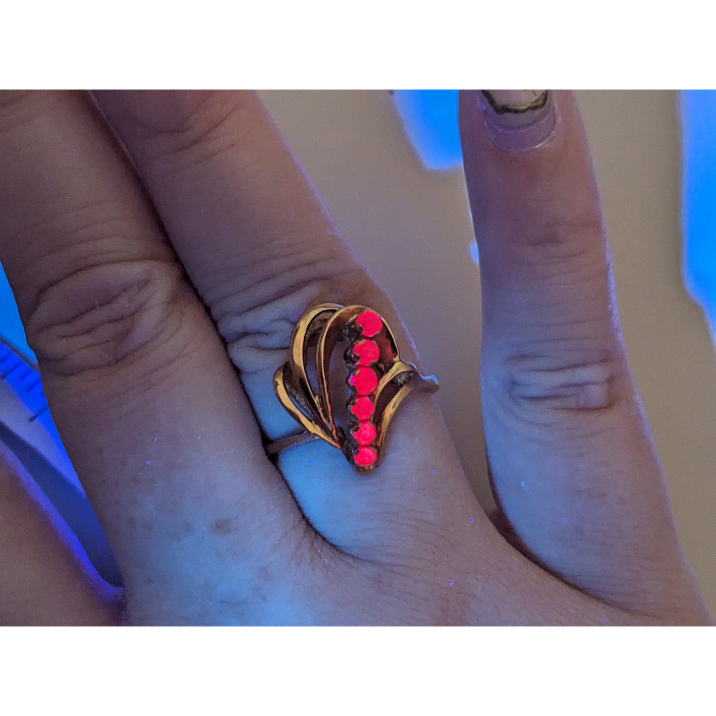 Vintage USSR 14k 1950s Gold Cocktail Abstract Ring with Lab Rubies Size 8.25