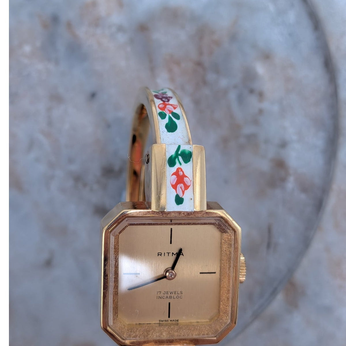 Vintage Ritma MANUAL Gold Tone Bangle Watch White Enamel & Flowers Square Dial