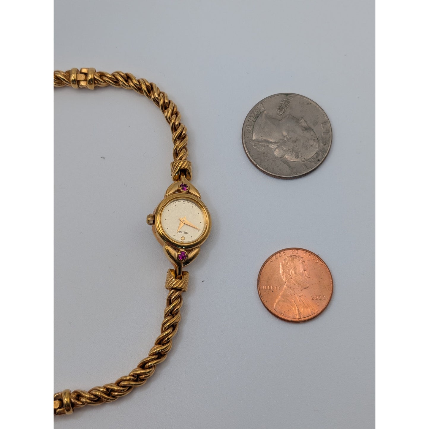 Vintage Seiko Dainty Gold Tone Rope Watch with Pink Stones