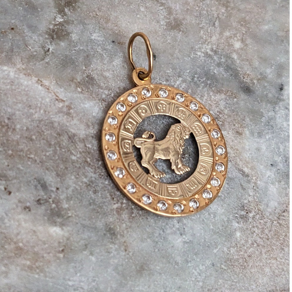 Vintage 14k Rose and Yellow Gold Leo Zodiac Charm Pendant White Stone Accents