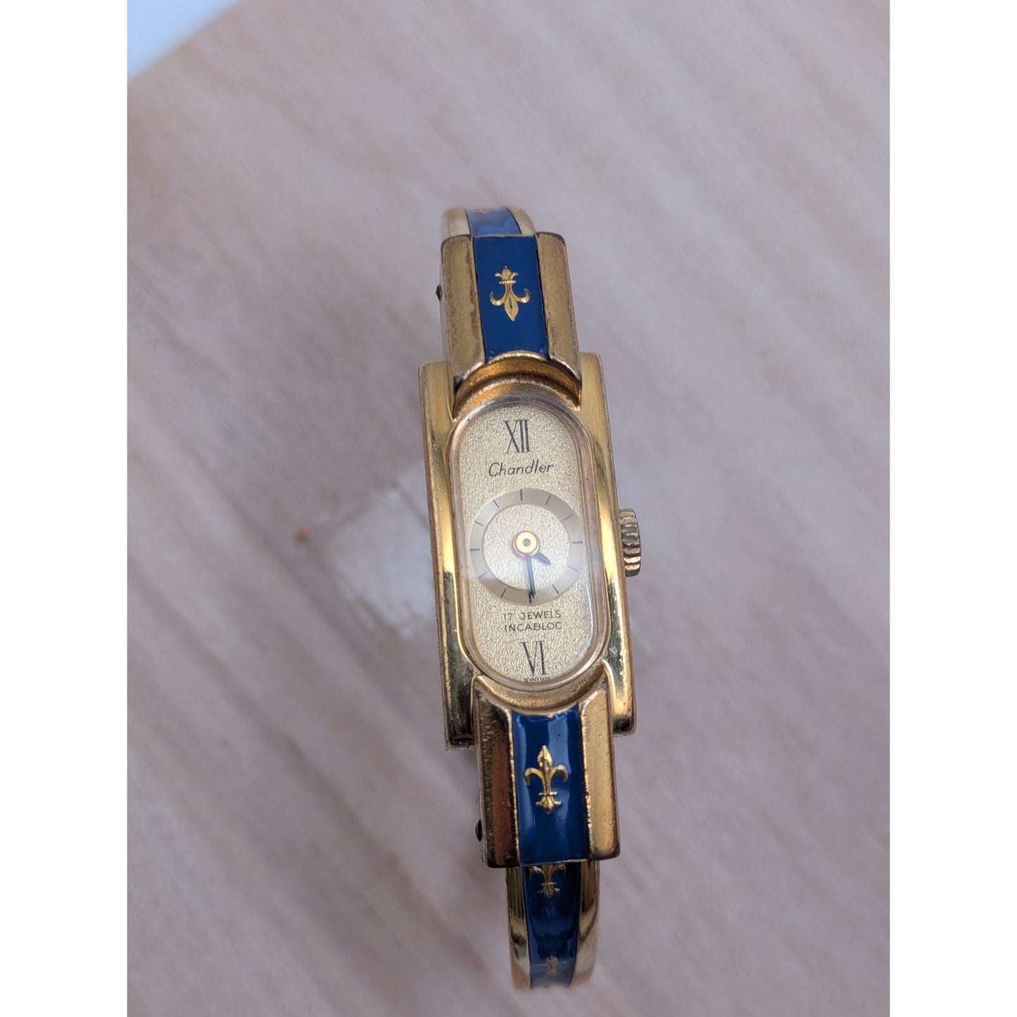 Vintage Chandler Gold Tone Manual Watch Blue Enamel Fleur De Lis Accents