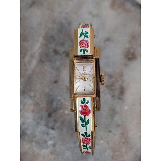 Vintage Andre Mouche Silver Tone Bangle Watch with Blue Floral Enamel Working