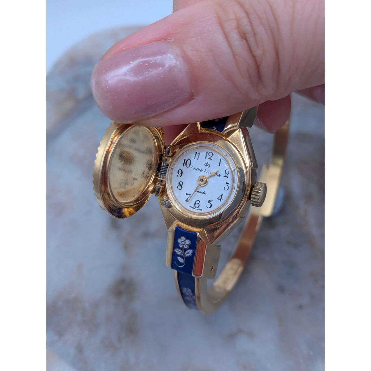 Vintage Andre Mouche Gold Tone Peekaboo Watch Dark Blue Enamel White Flowers