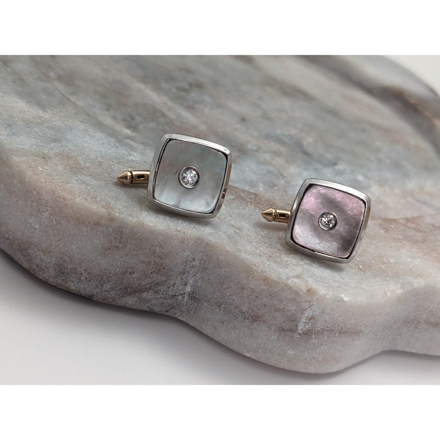 Vintage 14k Gold Mother of Pearl Cufflinks 0.10ct Diamond Accents