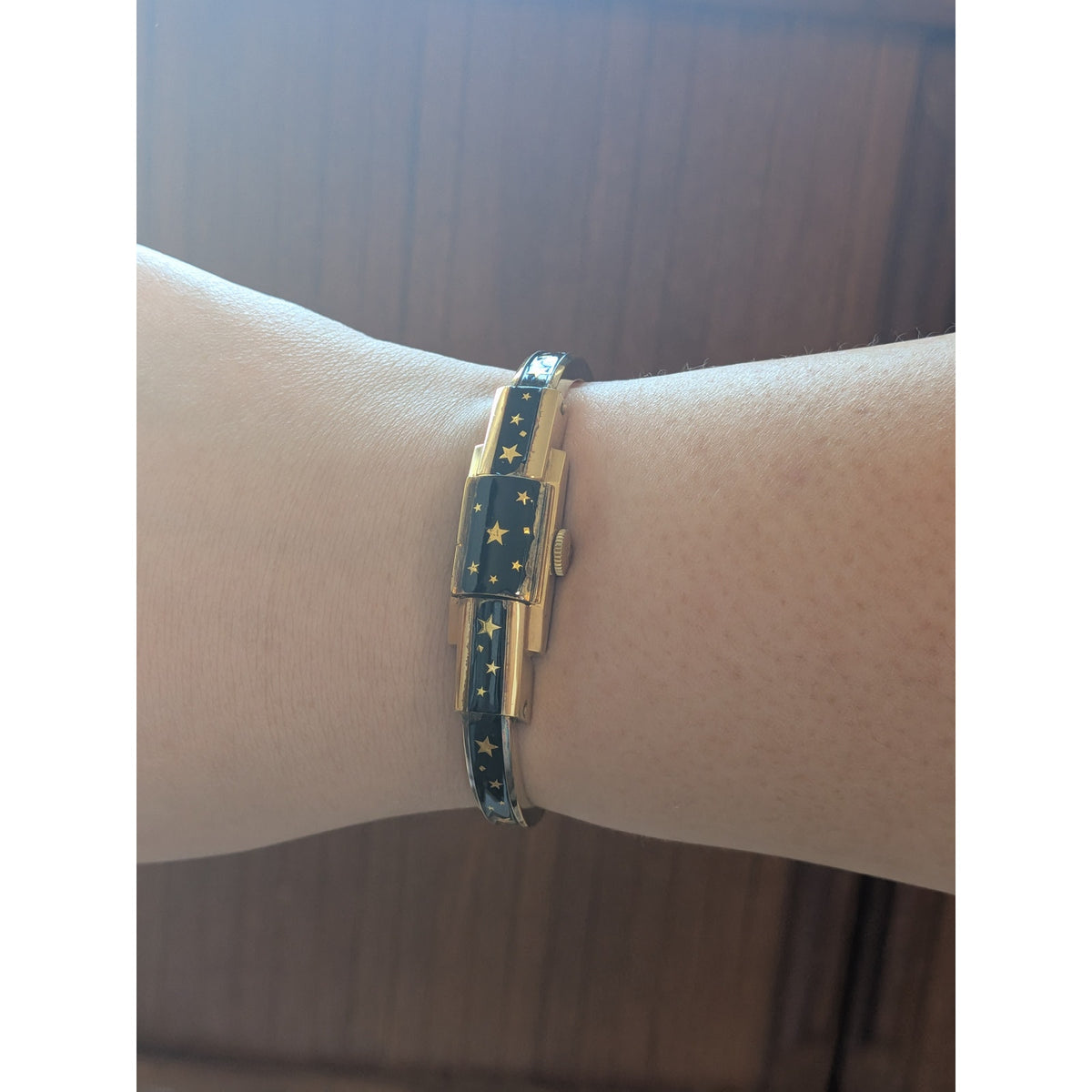 FLAW Vintage Bucherer Gold Peekaboo Watch Black Enamel Gold Stars POOR CONDITION