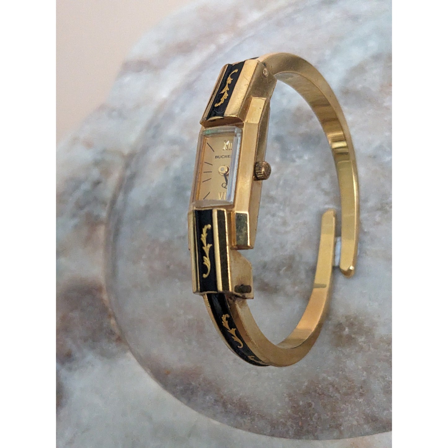 Vintage Andre Mouche Silver Tone Bangle Watch with Blue Floral Enamel Working