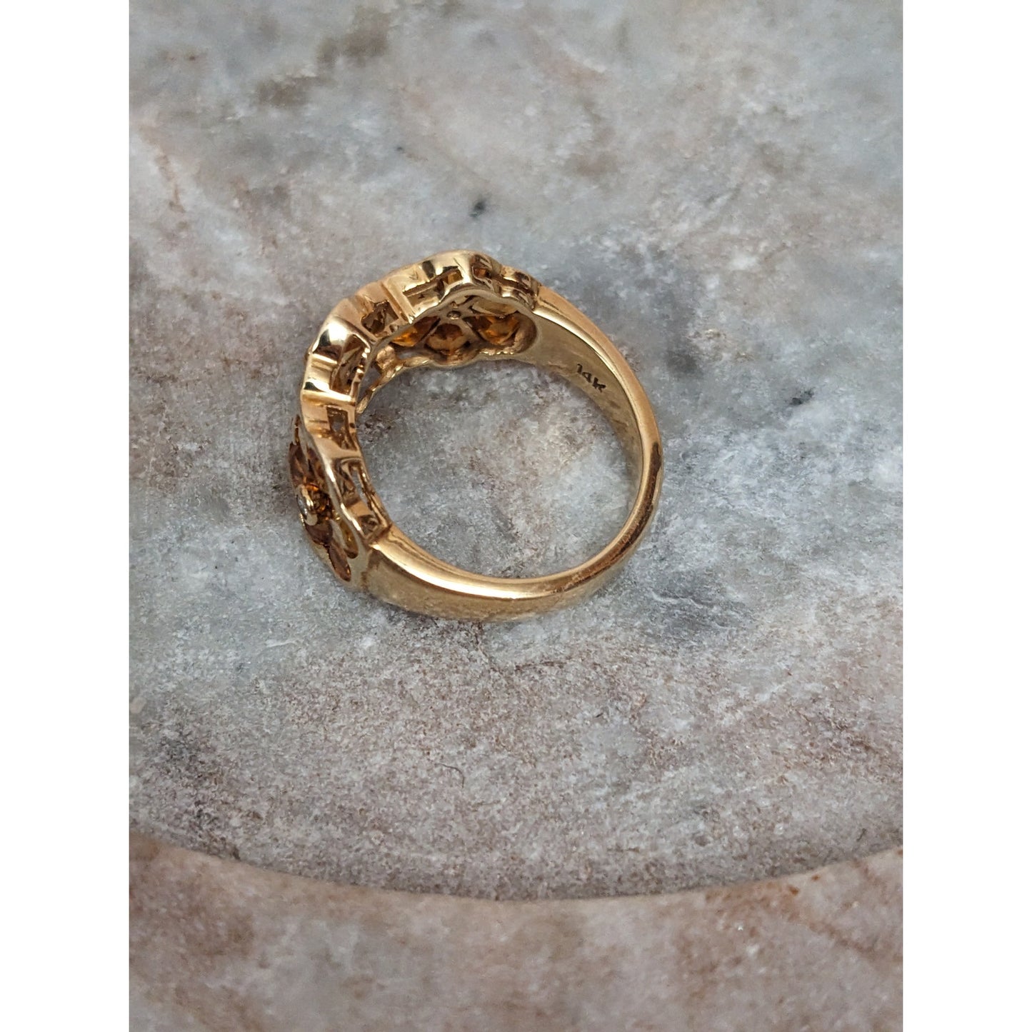 Estate 14k Yellow Gold Triple Citrine Flower Ring Size 6.5 US