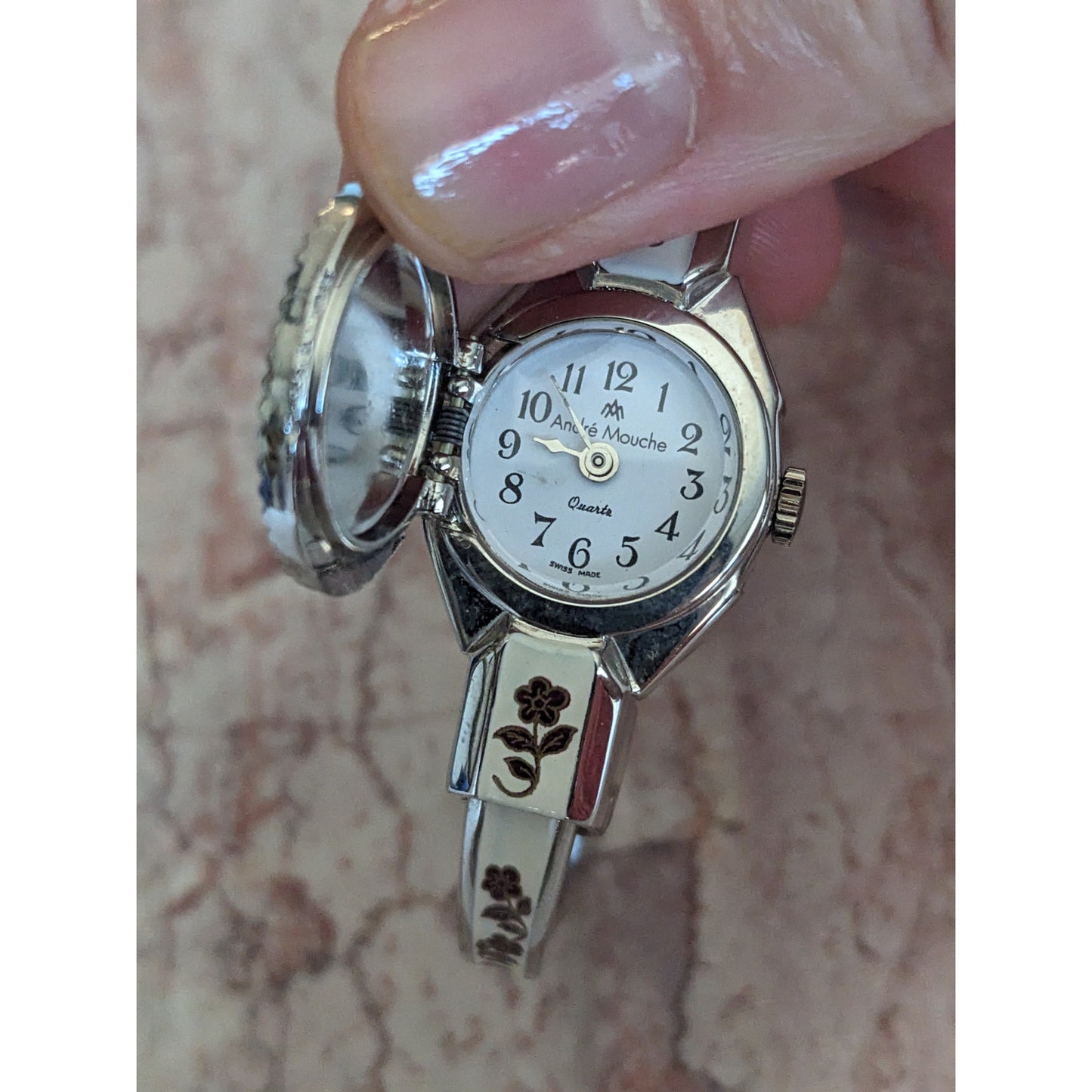 Vintage Andre Mouche Silver Tone Bangle Watch White Enamel Deep Red Flowers