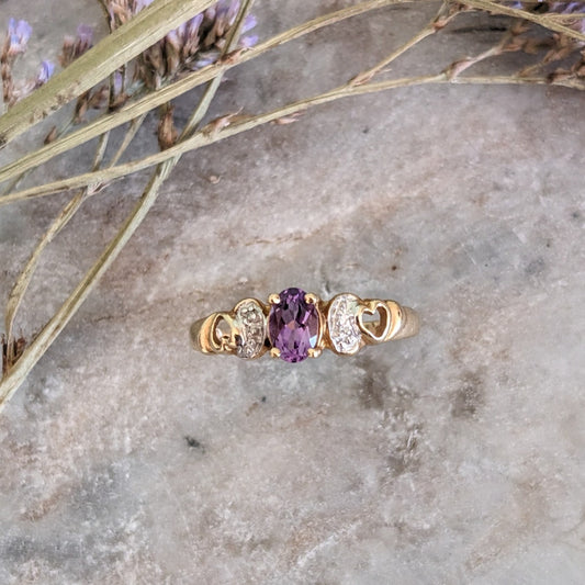 Vintage 10k Yellow Gold Purple Amethyst Ring White Gold Accents & Heart Cutouts