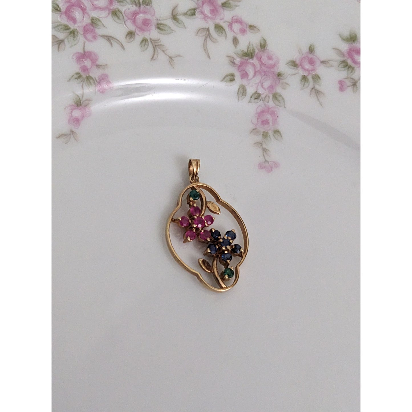 Estate 14k Yellow Gold Pink and Blue Gem Flowers Pendant