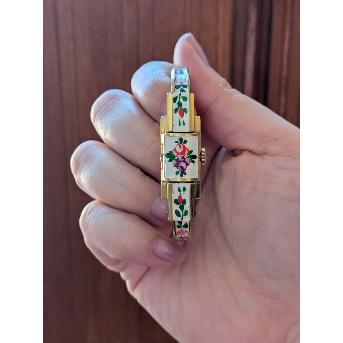 Vintage Ritma MANUAL Gold Tole Peekaboo Dainty Watch White Enamel And Flowers