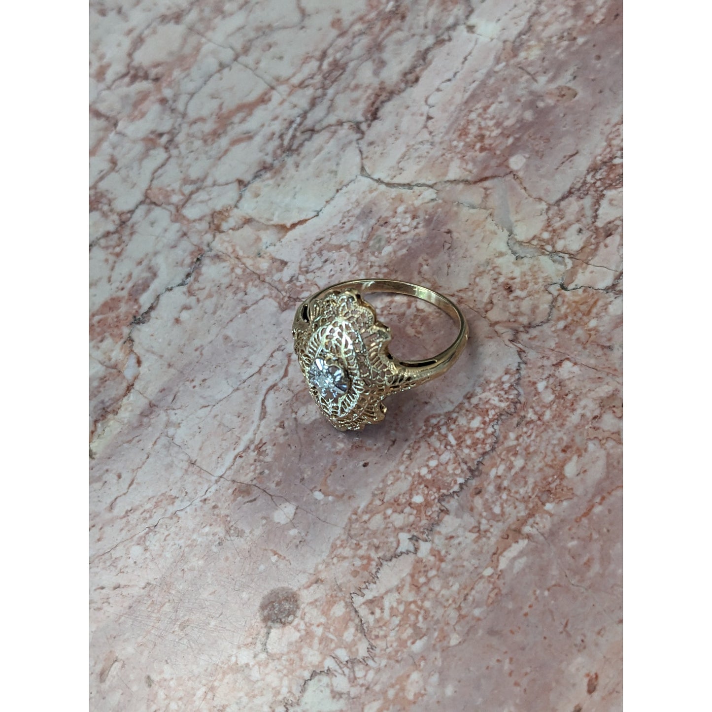FLAW Vintage 14k Yellow Gold Filigree Diamond Cocktail Ring Size 7.75