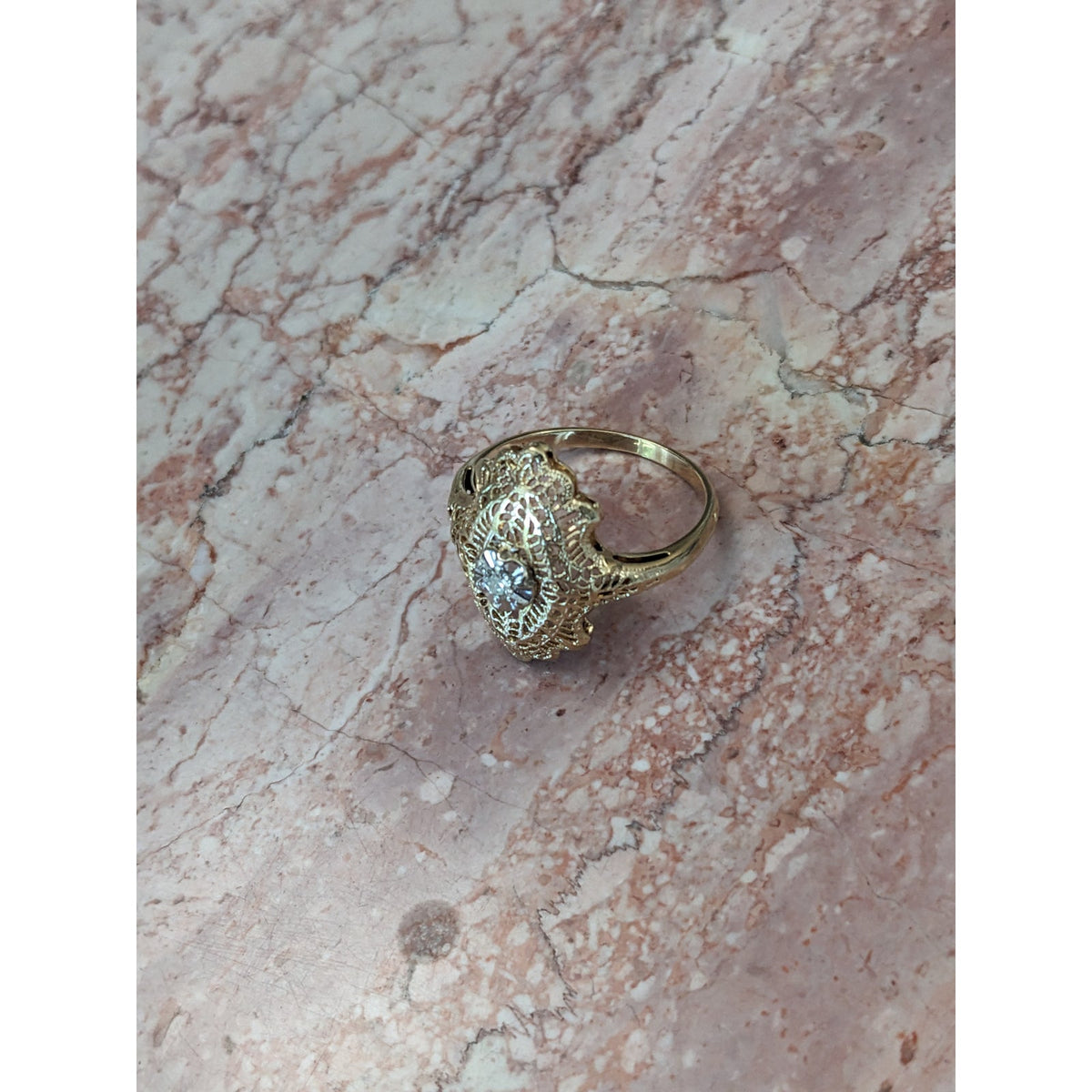 FLAW Vintage 14k Yellow Gold Filigree Diamond Cocktail Ring Size 7.75