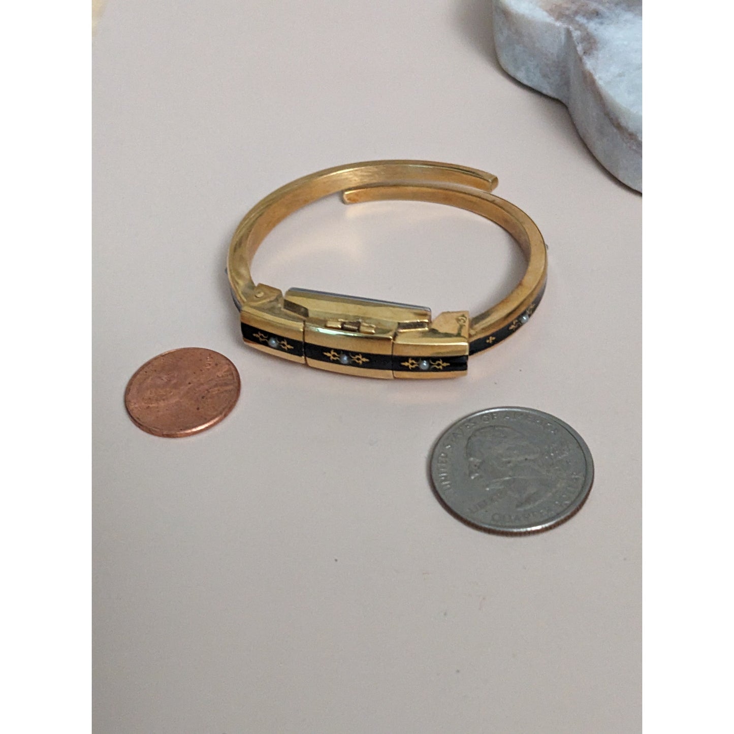 Vintage Andre Mouche Silver Tone Bangle Watch with Blue Floral Enamel Working