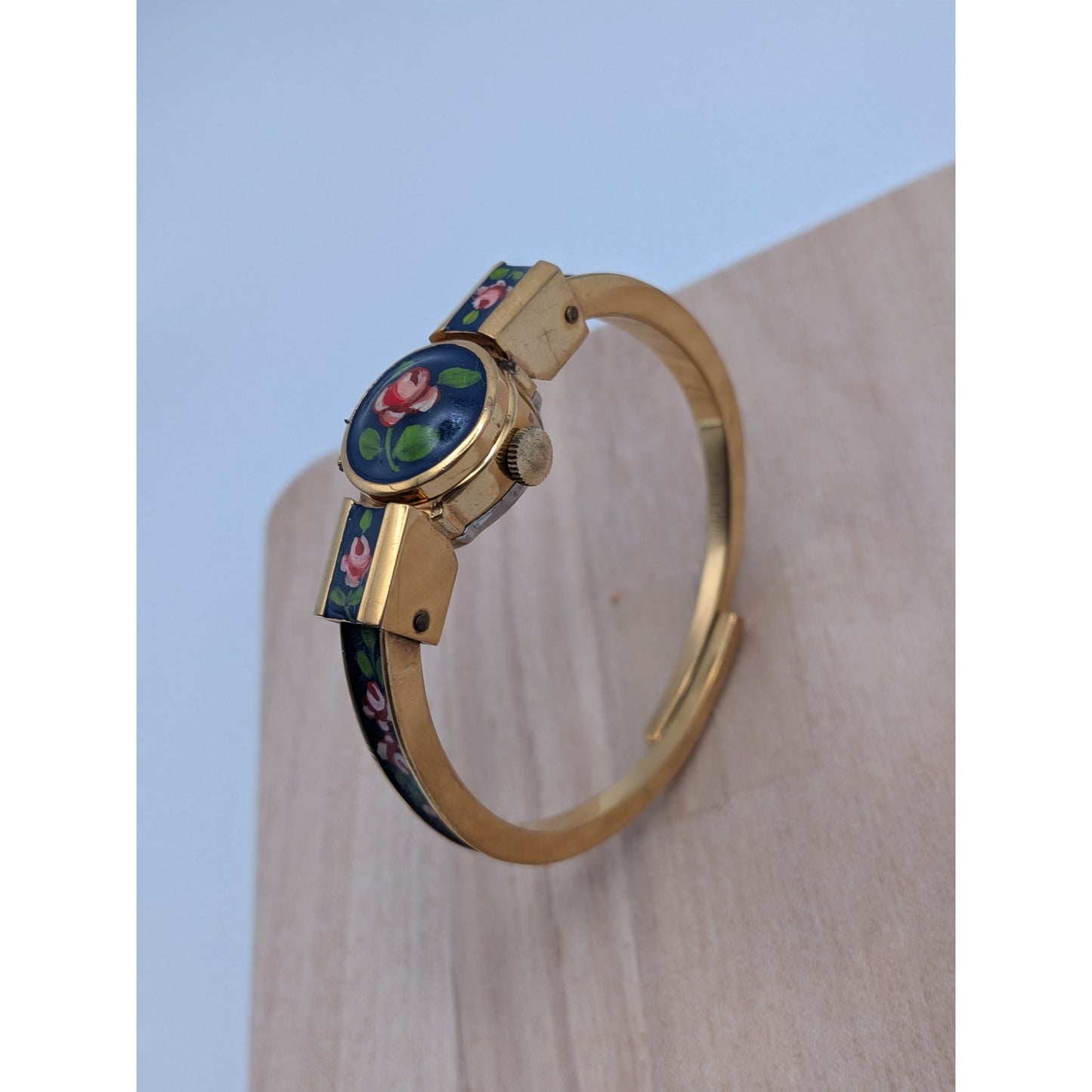 Vintage Catorex Gold Tone Peekaboo Manual Watch Blue Enamel Red Flowers