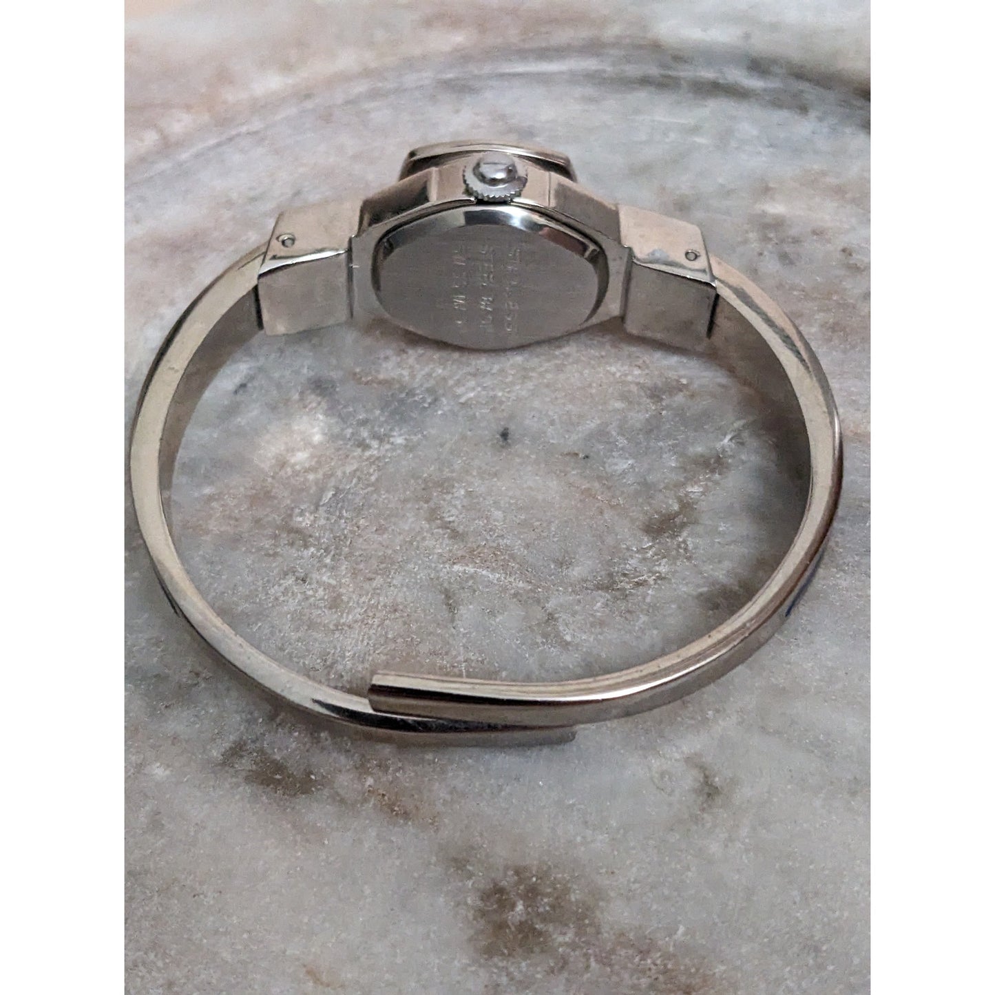 Vintage Andre Mouche Silver Tone Bangle Watch with Blue Floral Enamel Working