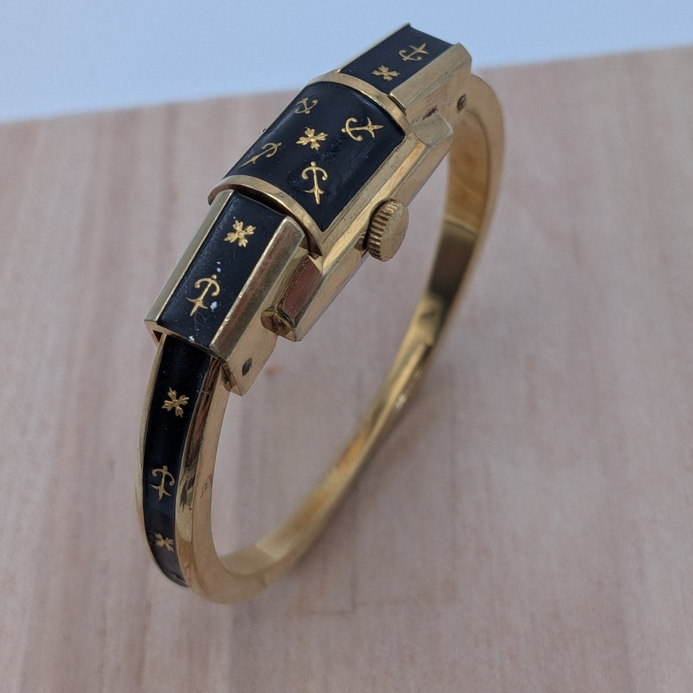 Vintage Ritma Gold Tone Peekaboo Manual Watch Black Enamel Anchor & Flowers