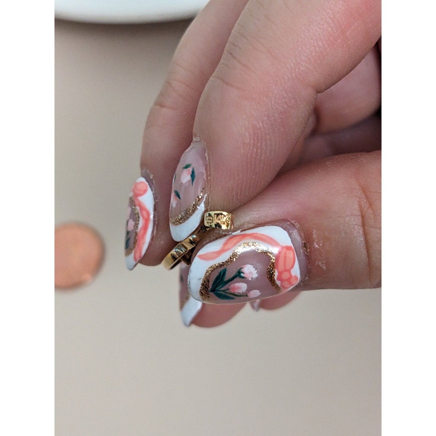 Estate 14k Yellow Gold Pink and Blue Gem Flowers Pendant