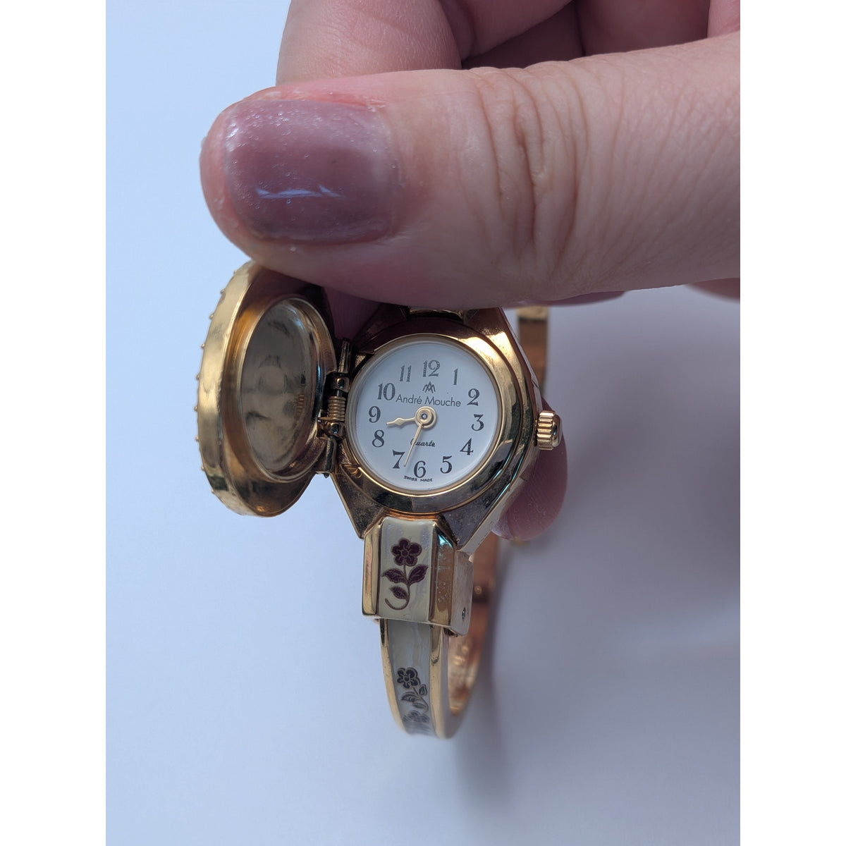 Vintage Andre Mouche Gold Tone Peekaboo Watch Cream Enamel Red Flowers & Stones