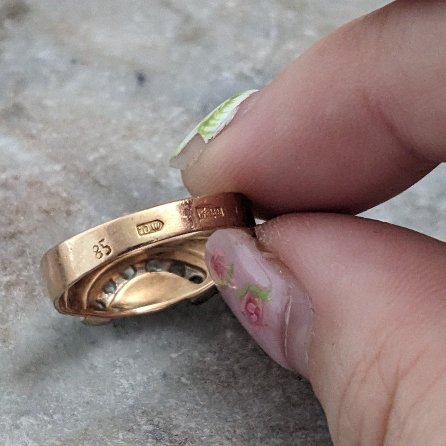 Vintage 1990s 14k Gold Half Circle White Stone Accents Ring Size 6.75