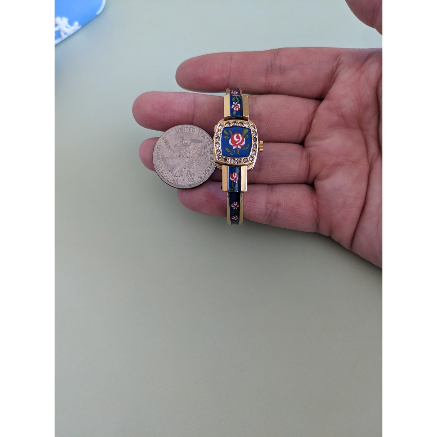 Vintage Chandler Gold Tone Metal with Blue Enamel Floral Watch