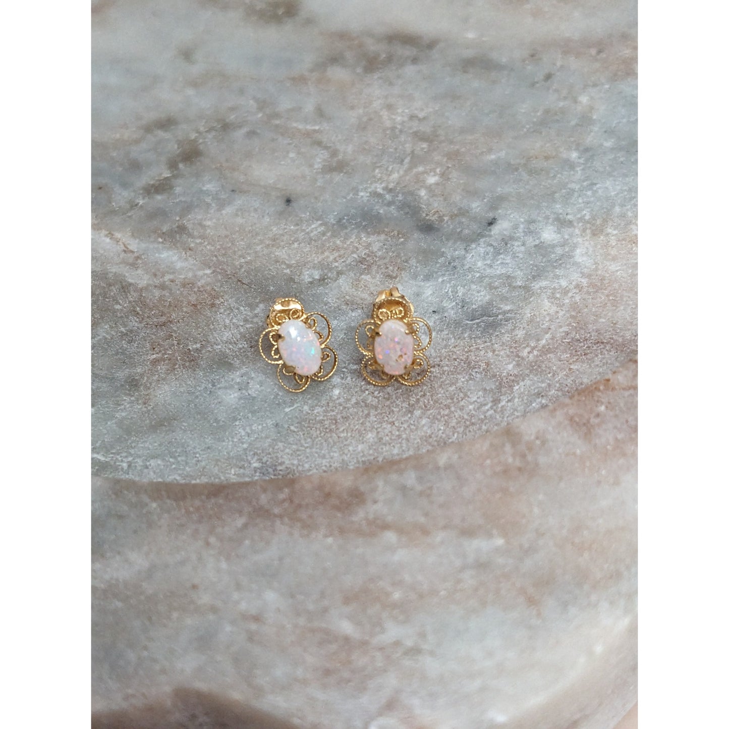Vintage 14k Yellow Gold Dainty Flower with Opal Center Stud Earrings