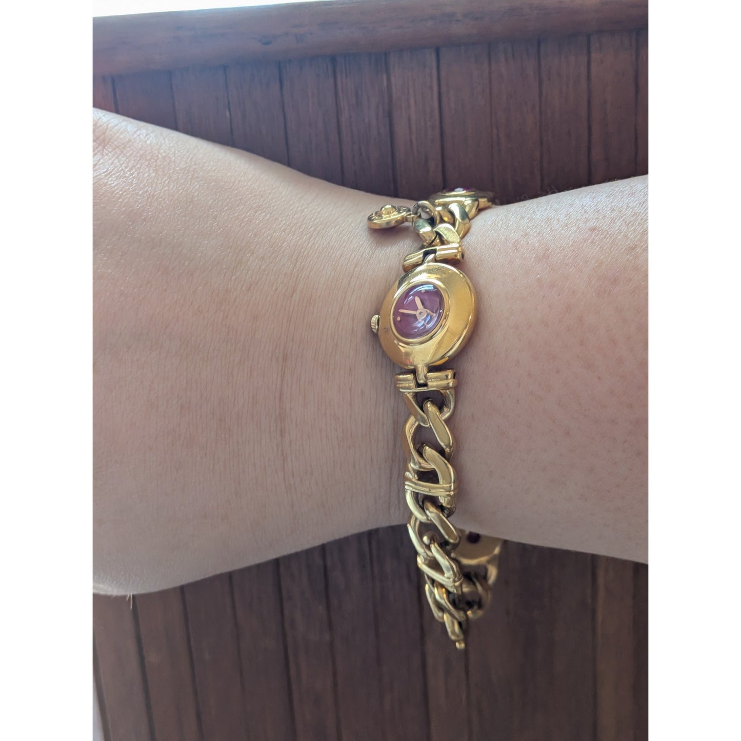 Vintage Seiko Tisse Gold Tone Cuban Link Watch with Pink Stones