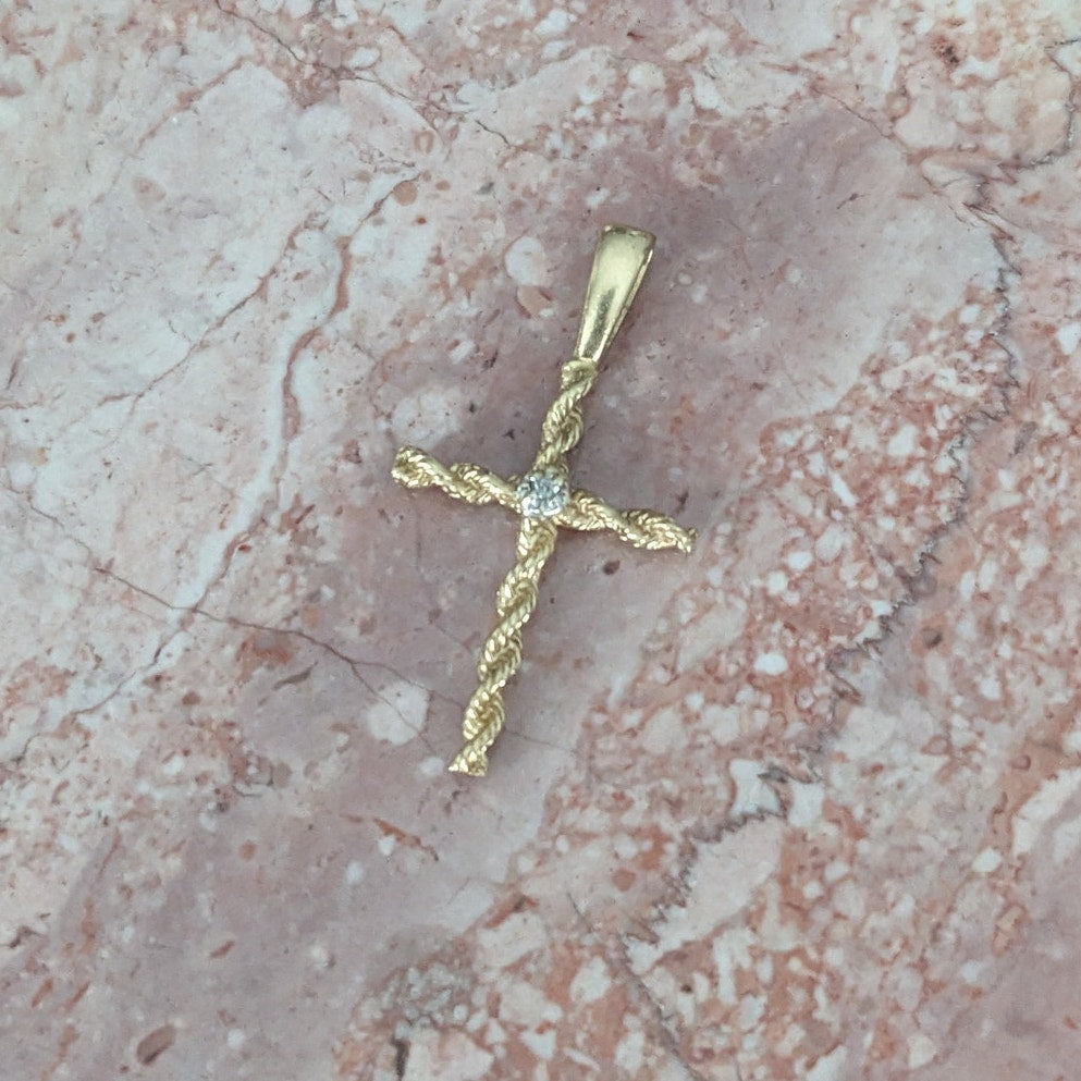 Vintage 14k Yellow Gold Twisted Rope Cross Pendant with Diamond Accent Stone