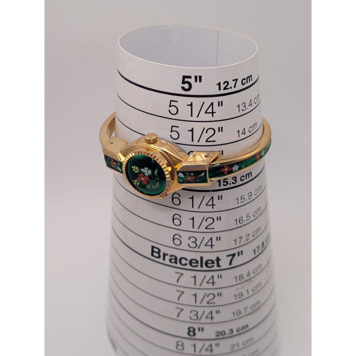 Vintage R Miller Gold Tone Peekaboo Watch Green Enamel Red and Blue Flowers