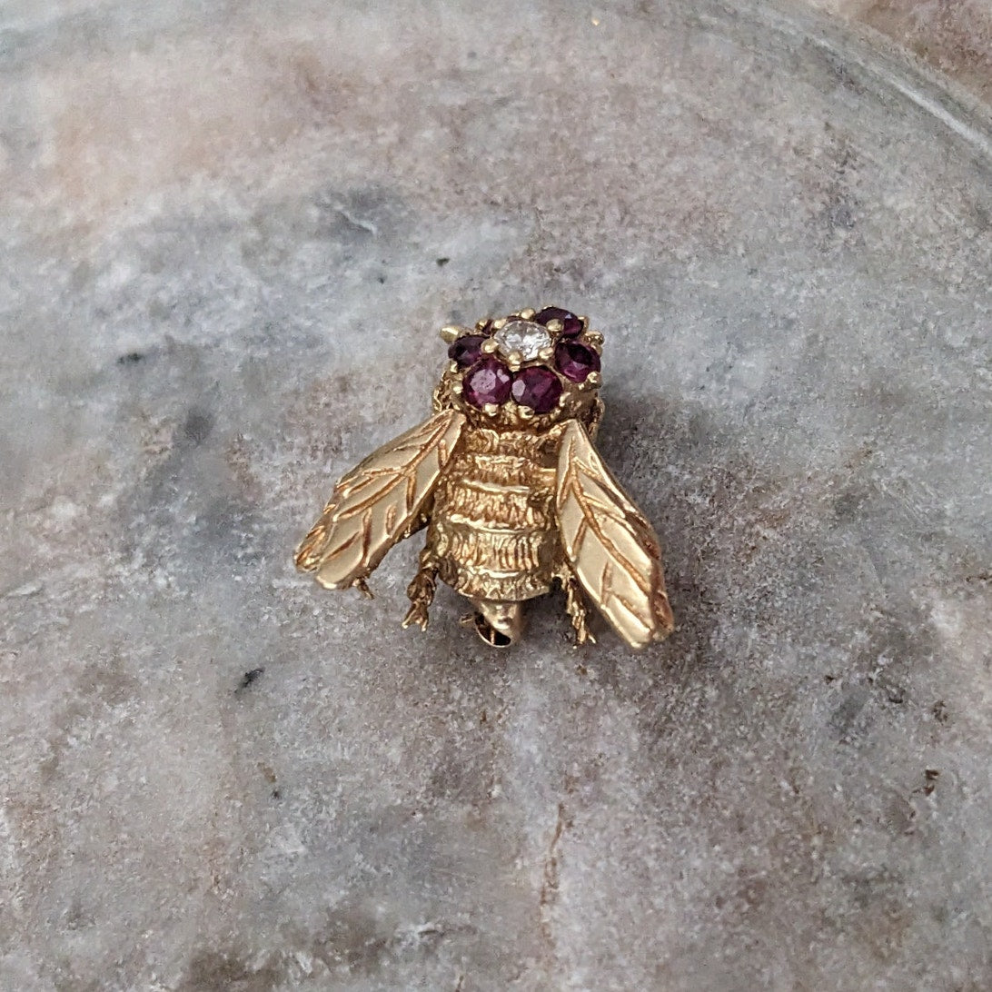 Vintage 14k Yellow Gold Ruby and Diamond Bee Brooch
