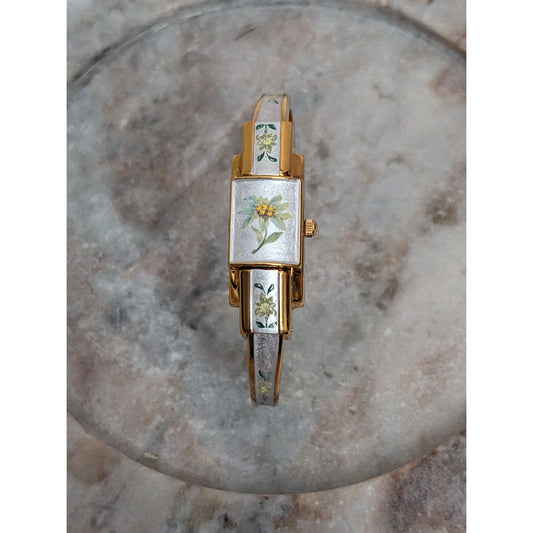 Vintage Andre Mouche Gold Tone Peekaboo Watch Rectangle Dial Silver Enamel