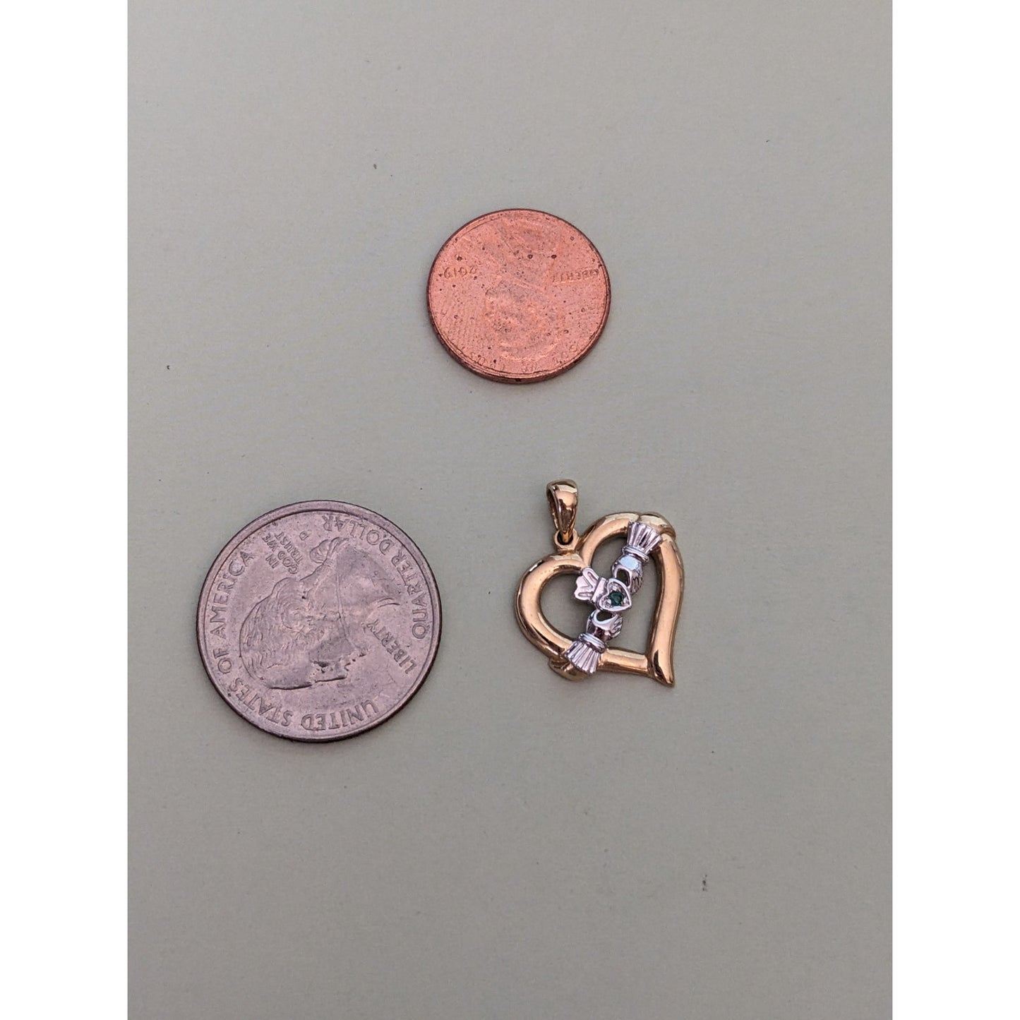 Vintage 14k Yellow and White Gold Claddagh Heart with Green Stone Pendant